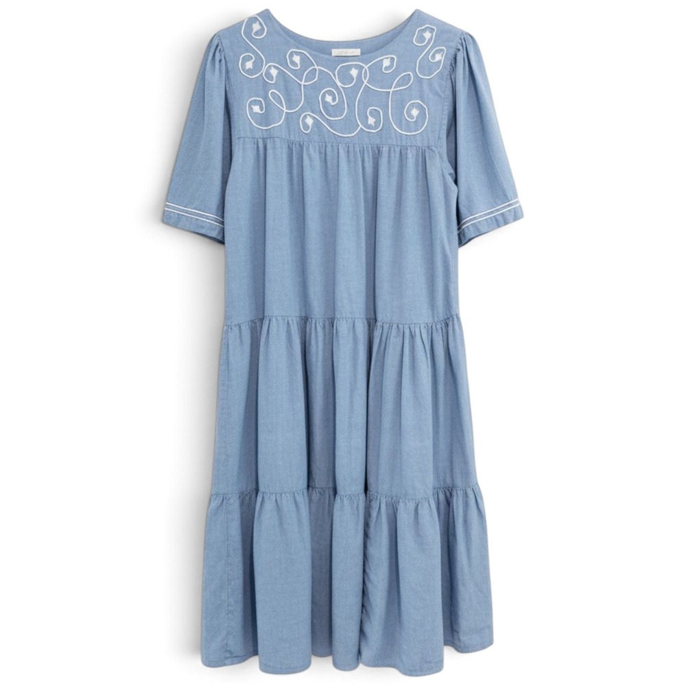 Vintage Tiered Chambray Dress Women M Cottagecore Coastal Grandma House Dress